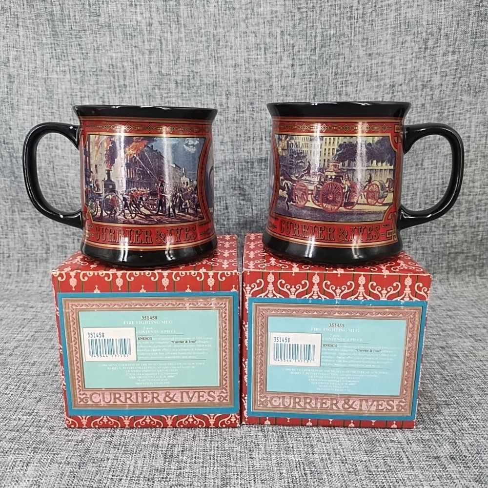NOS VTG Set Of 2 Enesco Currier & Ives Firefighters Mug Museum Of New York City